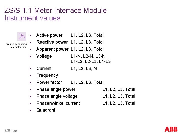 ZS/S 1. 1 Meter Interface Module Instrument values Values depending on meter type ©