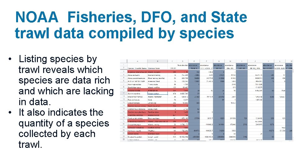 NOAA Fisheries, DFO, and State trawl data compiled by species • Listing species by
