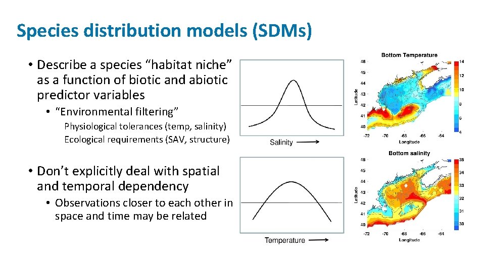 Species distribution models (SDMs) • Describe a species “habitat niche” as a function of