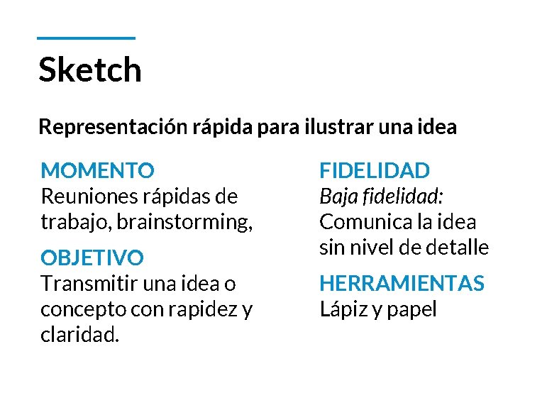 Sketch Representación rápida para ilustrar una idea MOMENTO Reuniones rápidas de trabajo, brainstorming, OBJETIVO