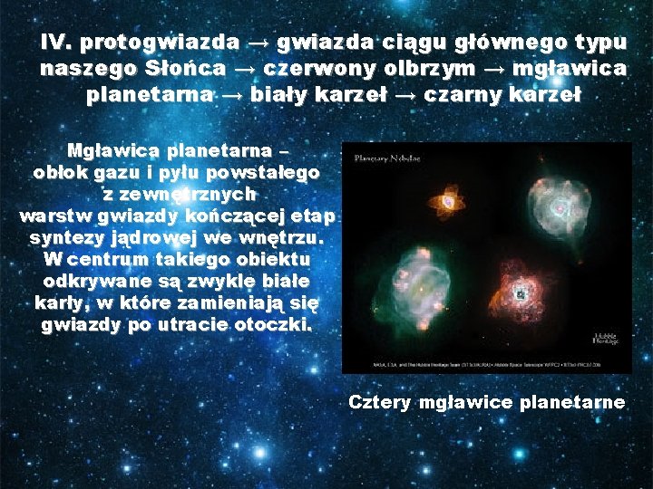 IV. protogwiazda → gwiazda ciągu głównego typu naszego Słońca → czerwony olbrzym → mgławica