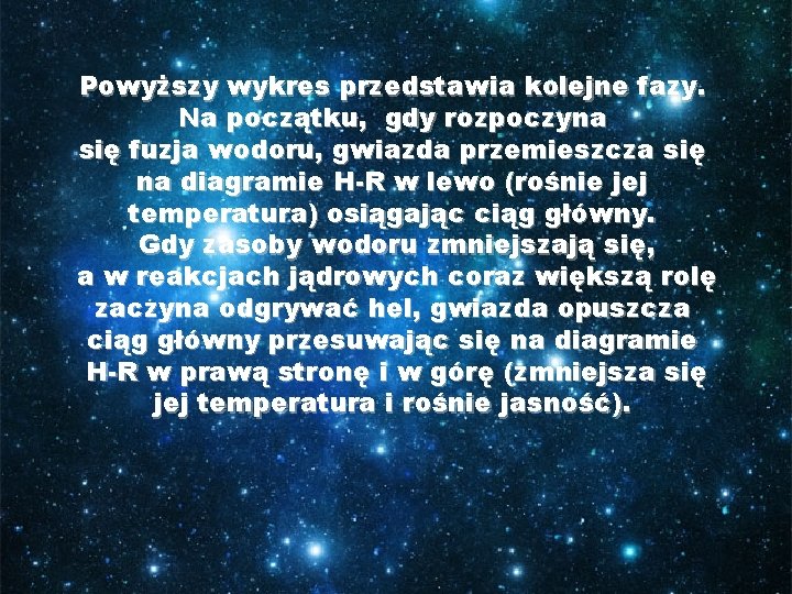 Powyższy wykres przedstawia kolejne fazy. Na początku, gdy rozpoczyna się fuzja wodoru, gwiazda przemieszcza