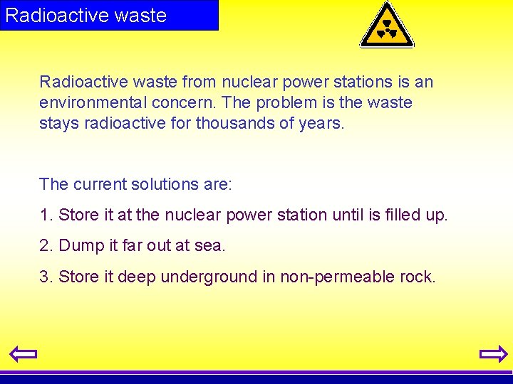 Radioactive waste from nuclear power stations is an environmental concern. The problem is the