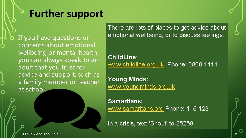Further support If you have questions or concerns about emotional wellbeing or mental health,
