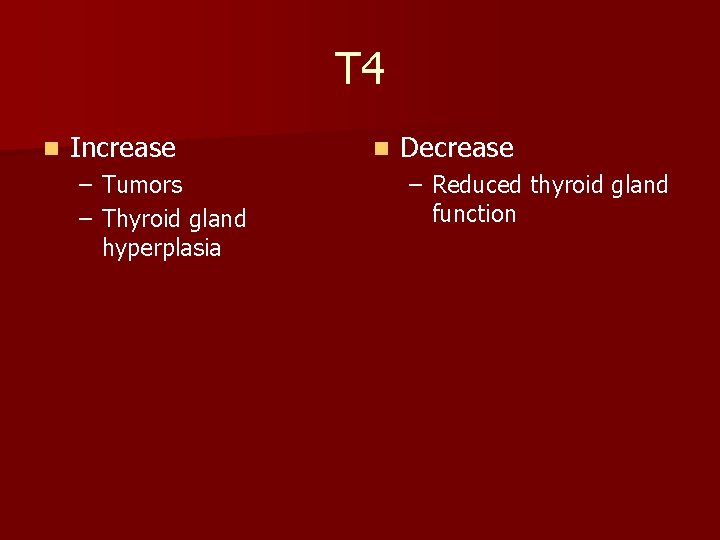 T 4 n Increase – Tumors – Thyroid gland hyperplasia n Decrease – Reduced
