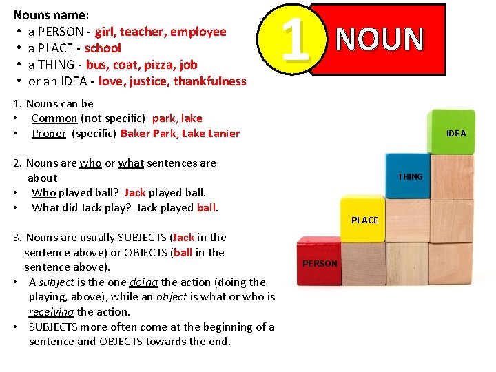 Nouns name: • a PERSON -(girl, teacher, employee • a PLACE -(school ) •