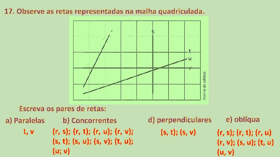 17. Observe as retas representadas na malha quadriculada. Escreva os pares de retas: a)