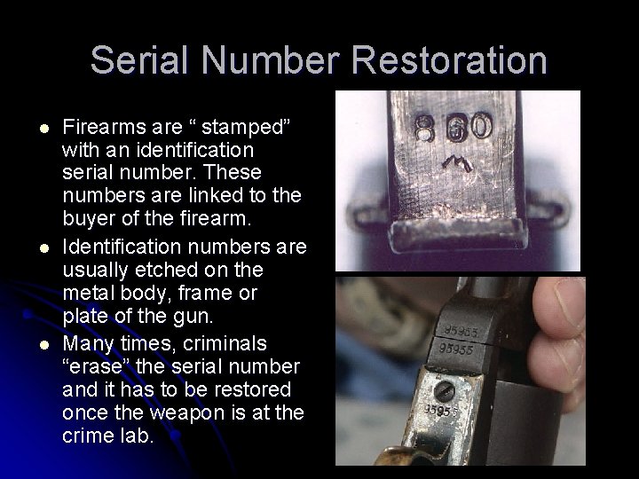 Serial Number Restoration l l l Firearms are “ stamped” with an identification serial