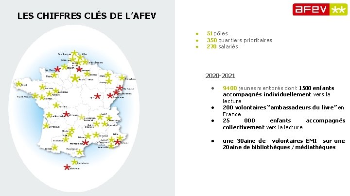 LES CHIFFRES CLÉS DE L’AFEV ● ● ● 51 pôles 350 quartiers prioritaires 270
