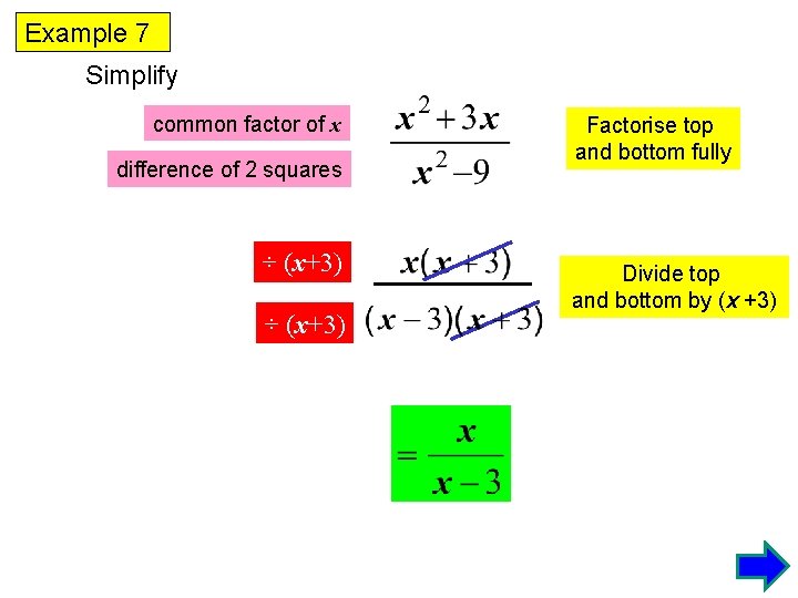 Example 7 Simplify common factor of x difference of 2 squares ÷ (x+3) Factorise