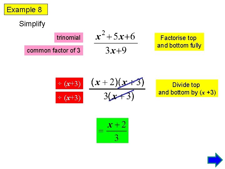 Example 8 Simplify trinomial common factor of 3 ÷ (x+3) Factorise top and bottom