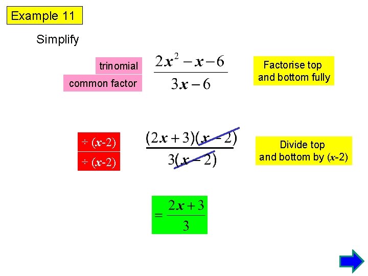 Example 11 Simplify trinomial common factor ÷ (x-2) Factorise top and bottom fully Divide