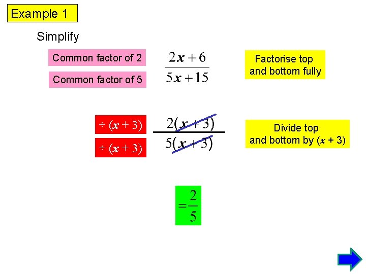 Example 1 Simplify Common factor of 2 Common factor of 5 ÷ (x +