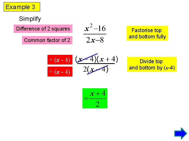 Example 3 Simplify Difference of 2 squares Common factor of 2 ÷ (x -