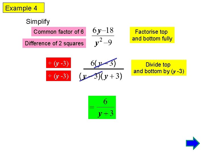 Example 4 Simplify Common factor of 6 Difference of 2 squares ÷ (y -3)