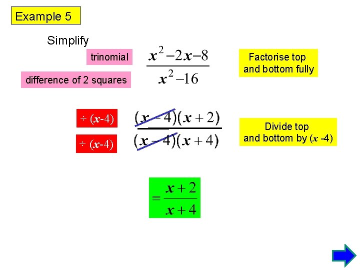 Example 5 Simplify trinomial difference of 2 squares ÷ (x-4) Factorise top and bottom
