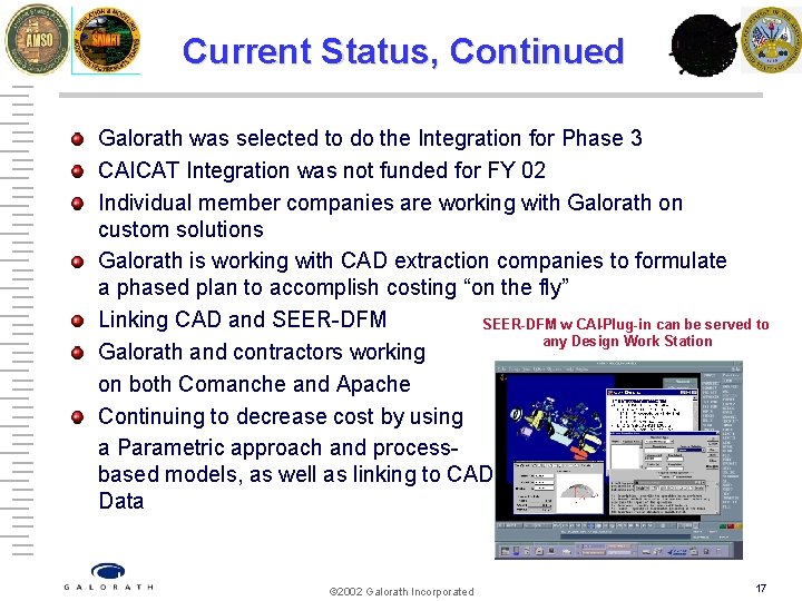 Current Status, Continued Galorath was selected to do the Integration for Phase 3 CAICAT