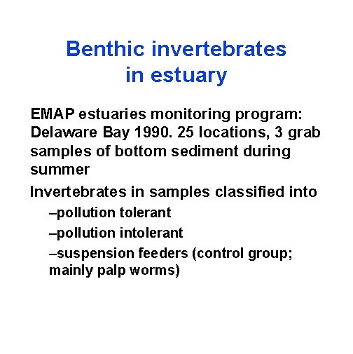 Benthic invertebrates in estuary EMAP estuaries monitoring program: Delaware Bay 1990. 25 locations, 3