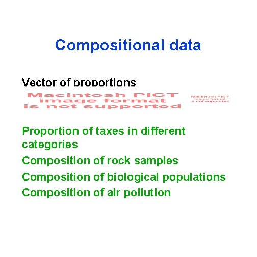 Compositional data Vector of proportions Proportion of taxes in different categories Composition of rock