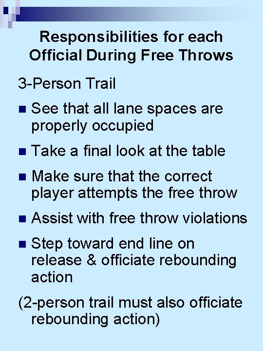 Responsibilities for each Official During Free Throws 3 -Person Trail n See that all