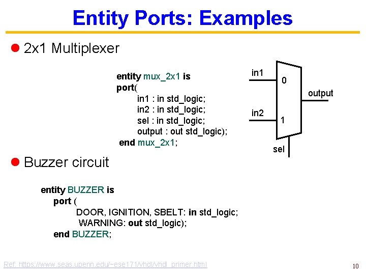 Entity Ports: Examples l 2 x 1 Multiplexer entity mux_2 x 1 is port(