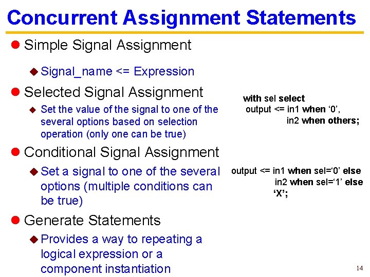 Concurrent Assignment Statements l Simple Signal Assignment u Signal_name <= Expression l Selected Signal