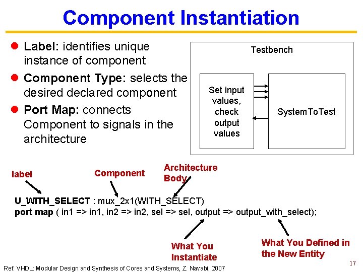 Component Instantiation l Label: identifies unique instance of component l Component Type: selects the