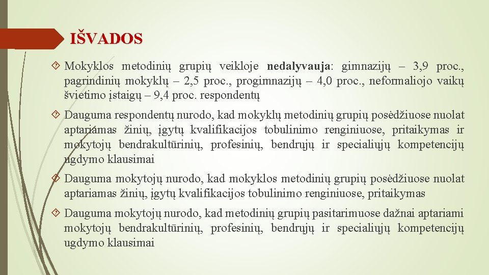 IŠVADOS Mokyklos metodinių grupių veikloje nedalyvauja: gimnazijų – 3, 9 proc. , pagrindinių mokyklų