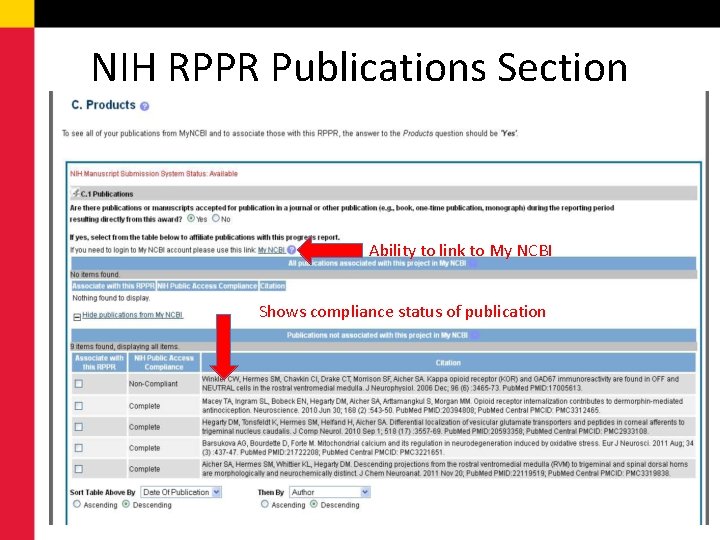 NIH RPPR Publications Section Ability to link to My NCBI Shows compliance status of
