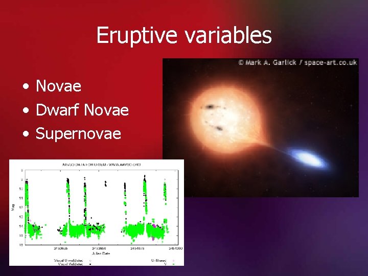 Eruptive variables • Novae • Dwarf Novae • Supernovae 