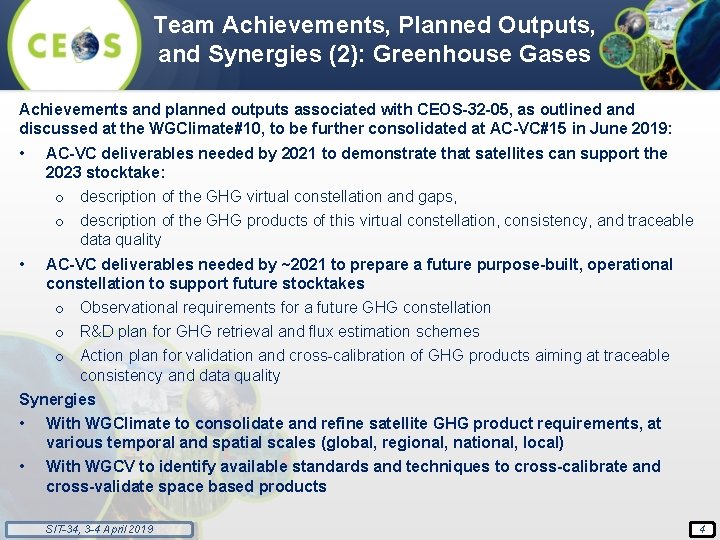 Team Achievements, Planned Outputs, and Synergies (2): Greenhouse Gases Achievements and planned outputs associated