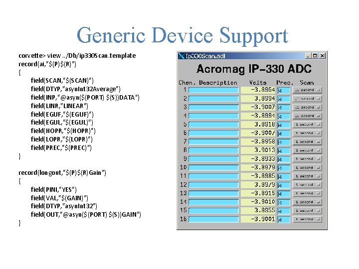 Generic Device Support corvette> view. . /Db/ip 330 Scan. template record(ai, "$(P)$(R)") { field(SCAN,