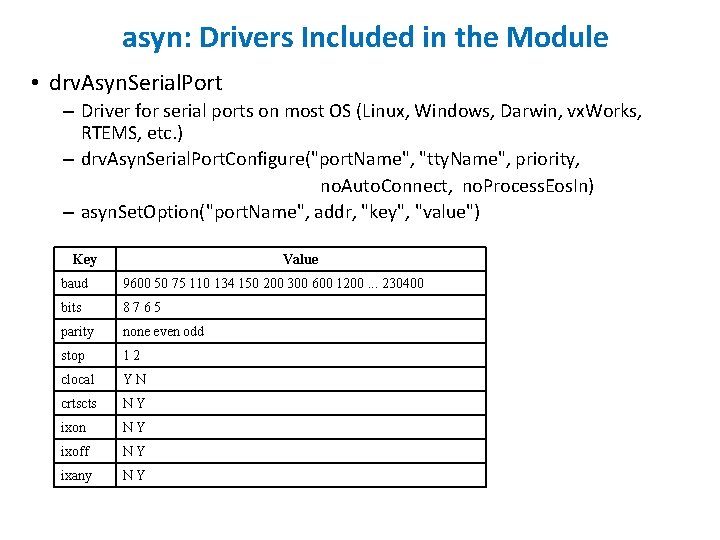 asyn: Drivers Included in the Module • drv. Asyn. Serial. Port – Driver for