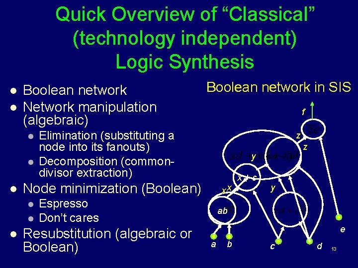 Quick Overview of “Classical” (technology independent) Logic Synthesis l l Boolean network Network manipulation