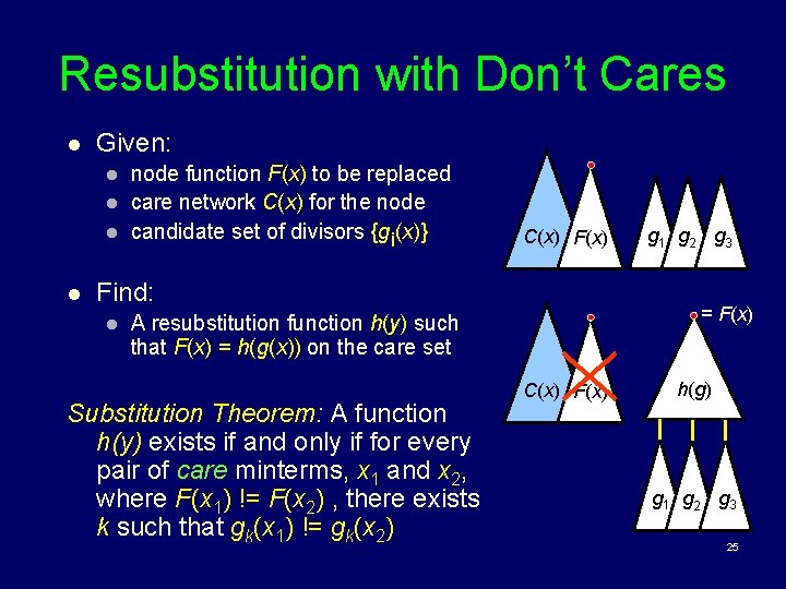 Resubstitution with Don’t Cares l Given: l l node function F(x) to be replaced
