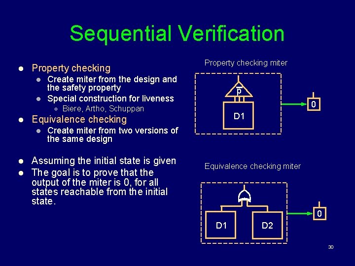 Sequential Verification l Property checking l l Create miter from the design and the