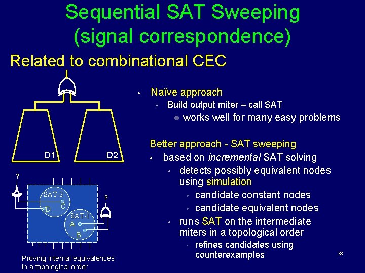 Sequential SAT Sweeping (signal correspondence) Related to combinational CEC • Naïve approach • Build