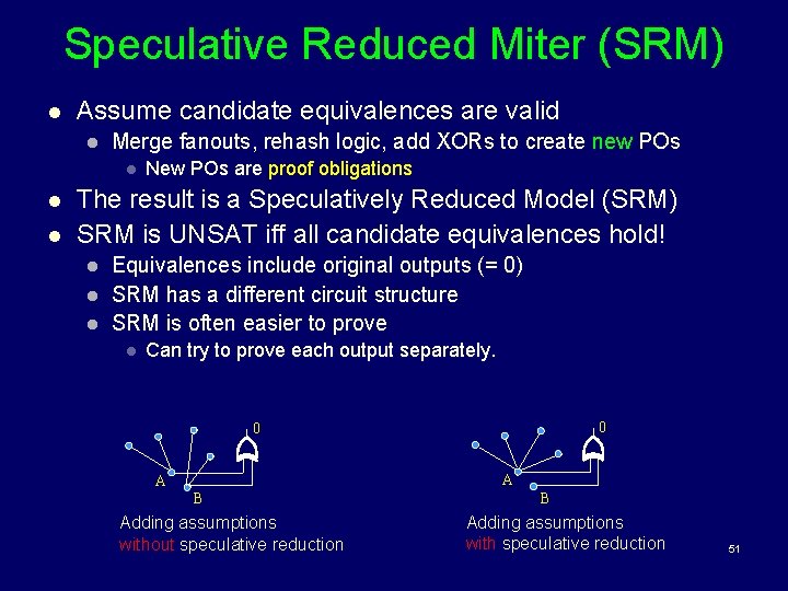 Speculative Reduced Miter (SRM) l Assume candidate equivalences are valid l Merge fanouts, rehash