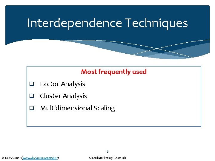 Interdependence Techniques Most frequently used q Factor Analysis q Cluster Analysis q Multidimensional Scaling