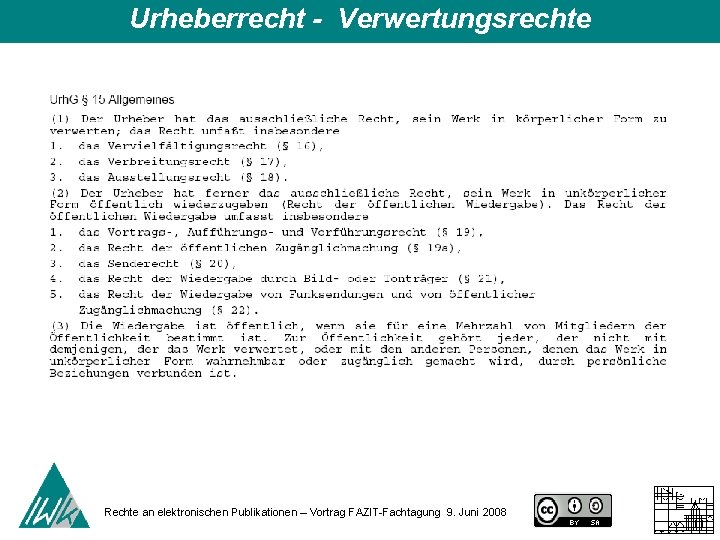 Urheberrecht - Verwertungsrechte Rechte an elektronischen Publikationen – Vortrag FAZIT-Fachtagung 9. Juni 2008 