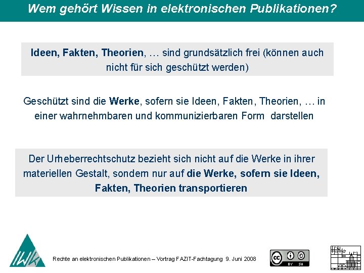 Wem gehört Wissen in elektronischen Publikationen? Ideen, Fakten, Theorien, … sind grundsätzlich frei (können