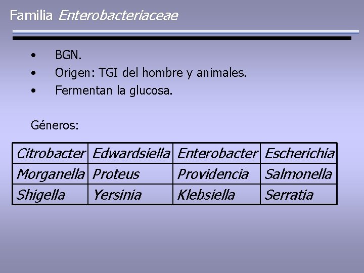 Familia Enterobacteriaceae • • • BGN. Origen: TGI del hombre y animales. Fermentan la