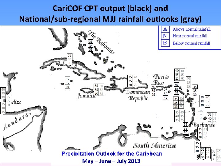 Cari. COF CPT output (black) and National/sub-regional MJJ rainfall outlooks (gray) May – June