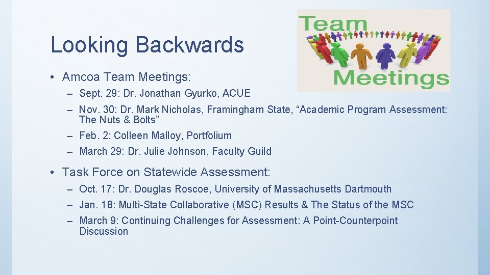 Looking Backwards • Amcoa Team Meetings: – Sept. 29: Dr. Jonathan Gyurko, ACUE –