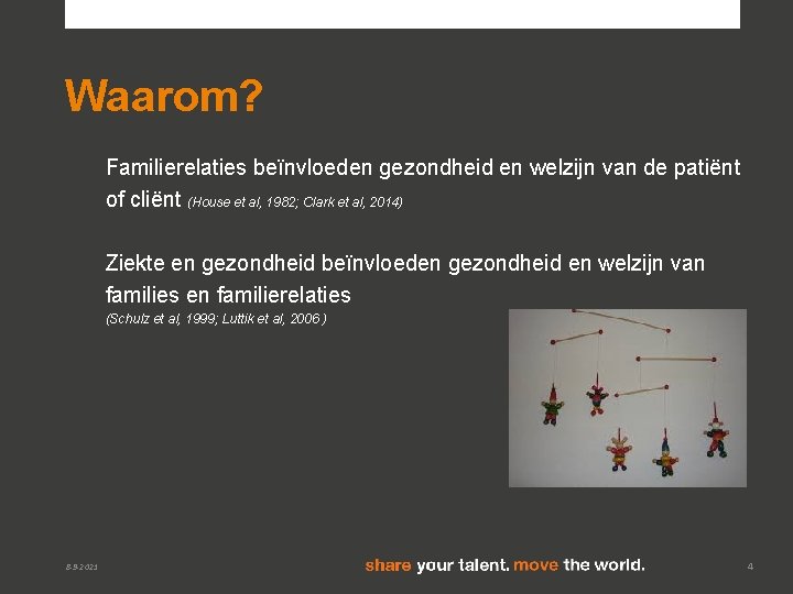 Waarom? Familierelaties beïnvloeden gezondheid en welzijn van de patiënt of cliënt (House et al,