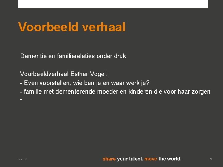 Voorbeeld verhaal Dementie en familierelaties onder druk Voorbeeldverhaal Esther Vogel; - Even voorstellen; wie