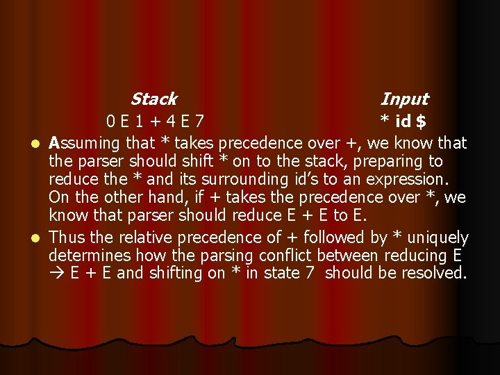 Stack Input 0 E 1+4 E 7 * id $ l Assuming that *