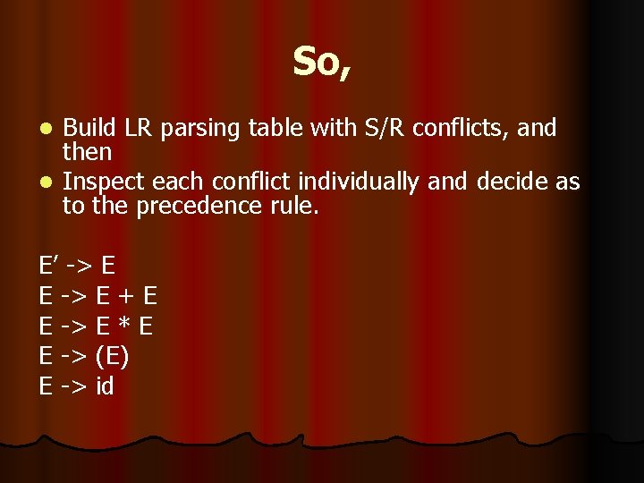 So, Build LR parsing table with S/R conflicts, and then l Inspect each conflict