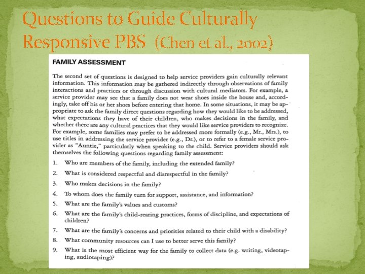 Questions to Guide Culturally Responsive PBS (Chen et al. , 2002) 