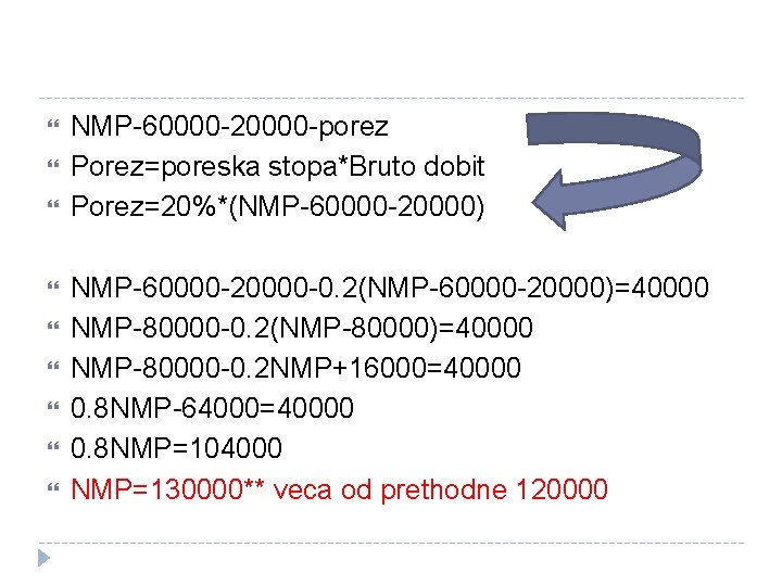  NMP-60000 -20000 -porez Porez=poreska stopa*Bruto dobit Porez=20%*(NMP-60000 -20000) NMP-60000 -20000 -0. 2(NMP-60000 -20000)=40000